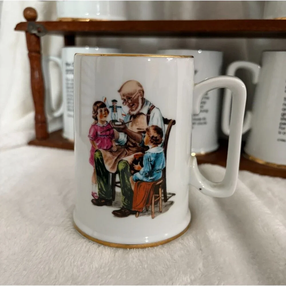 Vintage Norman Rockwell 1985-86 Mugs & Wooden Holder